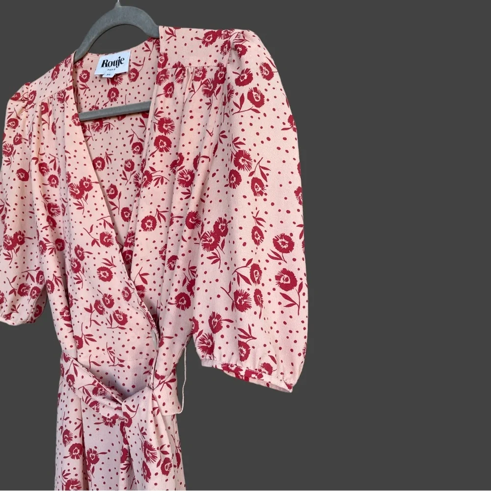 ROUJE Peach Pink Red Retro Classic Floral Dot Printed Rosalie Midi Wrap Dress - Picture 6 of 14